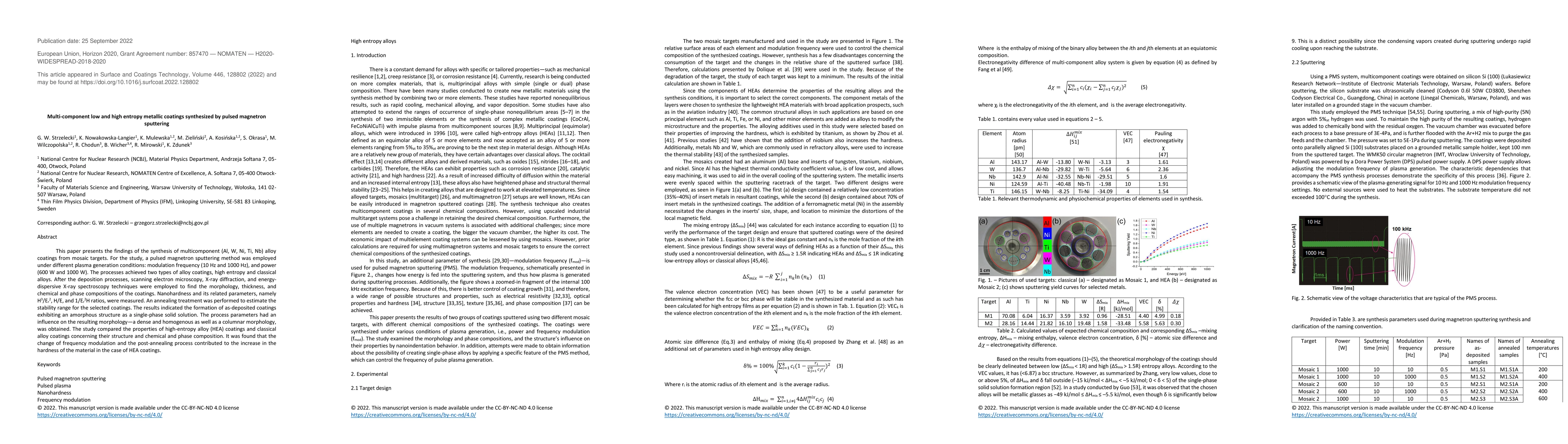 Thumbnail for Multi-component low and high entropy metallic coatings synthesized by
  pulsed magnetron sputtering