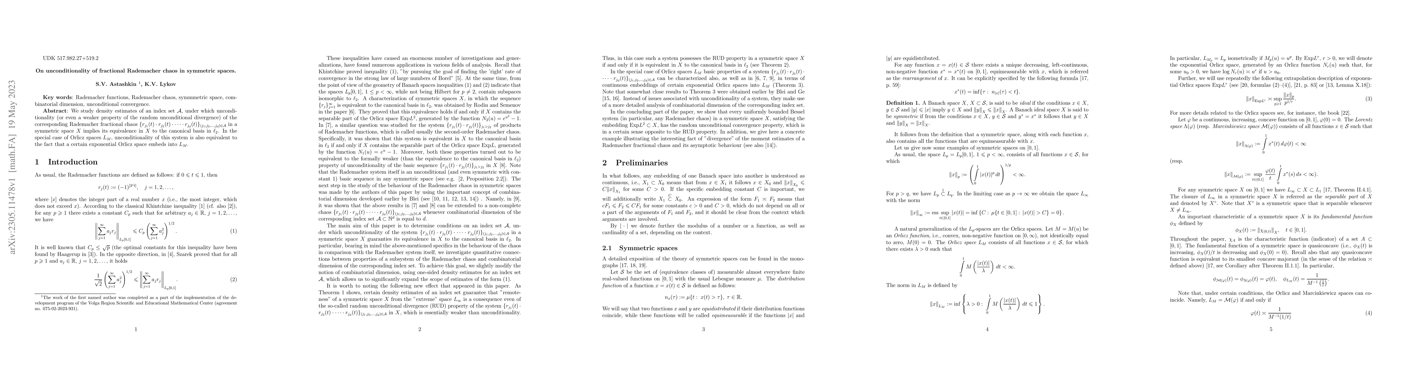 Thumbnail for On unconditionality of fractional Rademacher chaos in symmetric spaces
