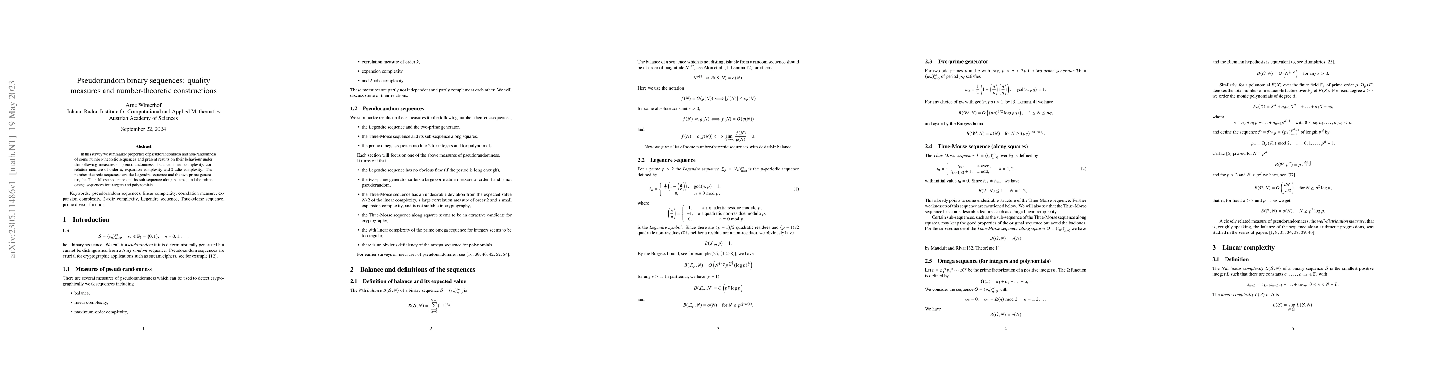 Thumbnail for Pseudorandom binary sequences: quality measures and number-theoretic
  constructions