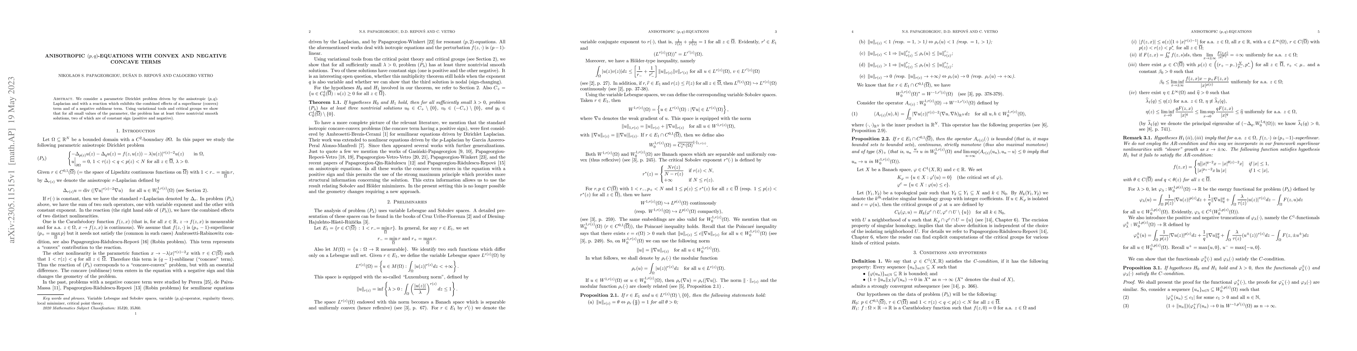 Thumbnail for Anisotropic $(p,q)$-equations with convex and negative concave terms