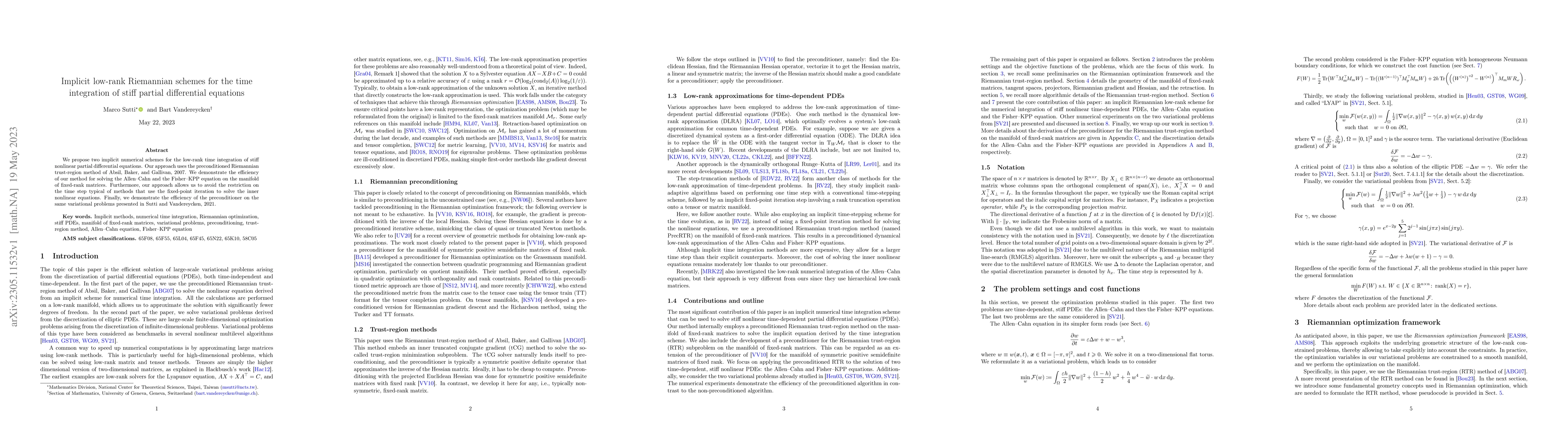 Thumbnail for Implicit low-rank Riemannian schemes for the time integration of stiff
  partial differential equations