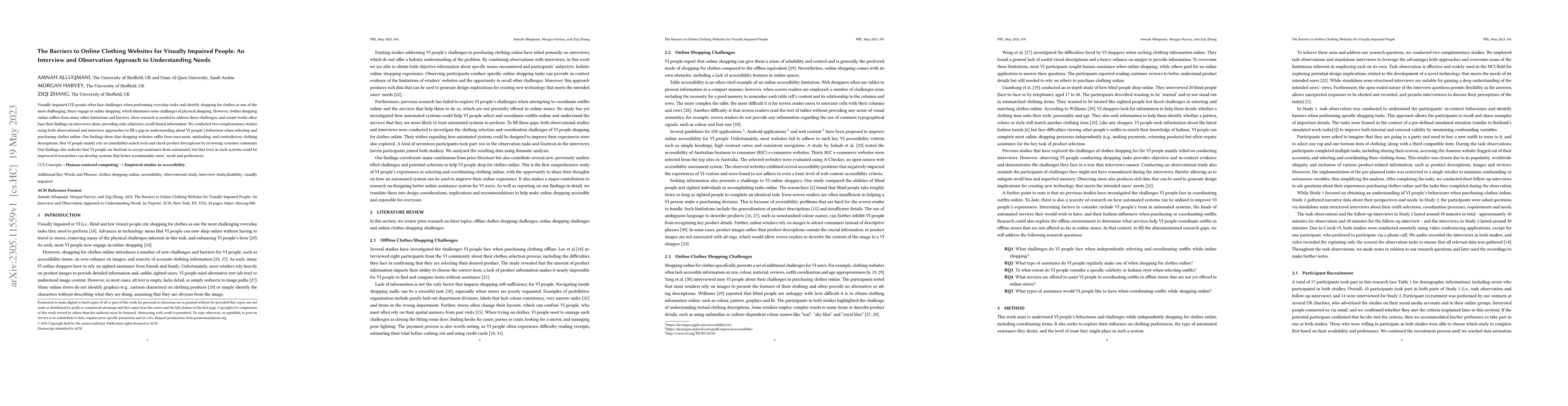 Thumbnail for The Barriers to Online Clothing Websites for Visually Impaired People:
  An Interview and Observation Approach to Understanding Needs