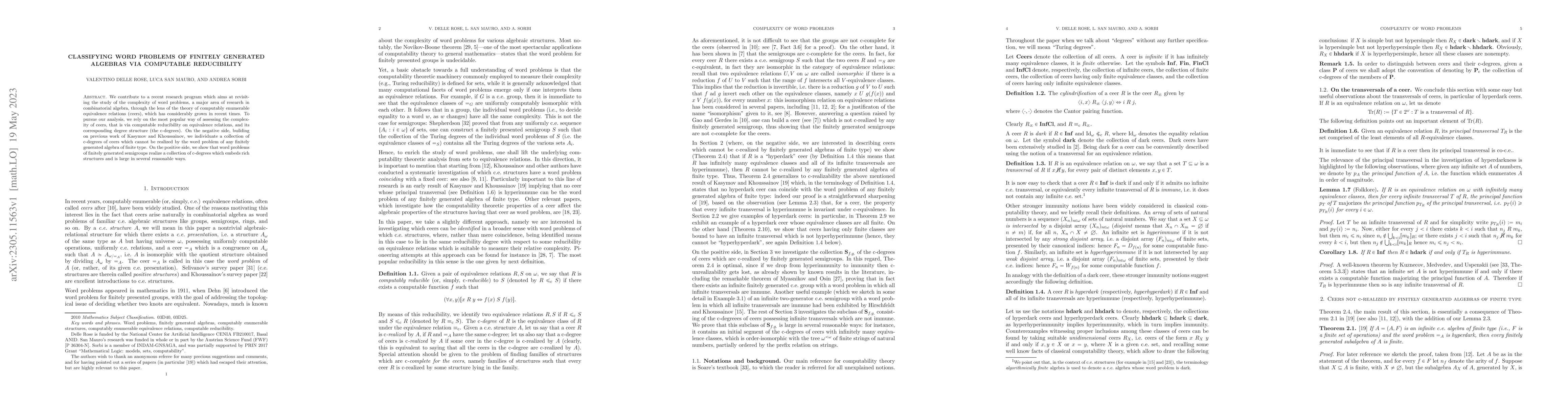 Thumbnail for Classifying word problems of finitely generated algebras via computable
  reducibility