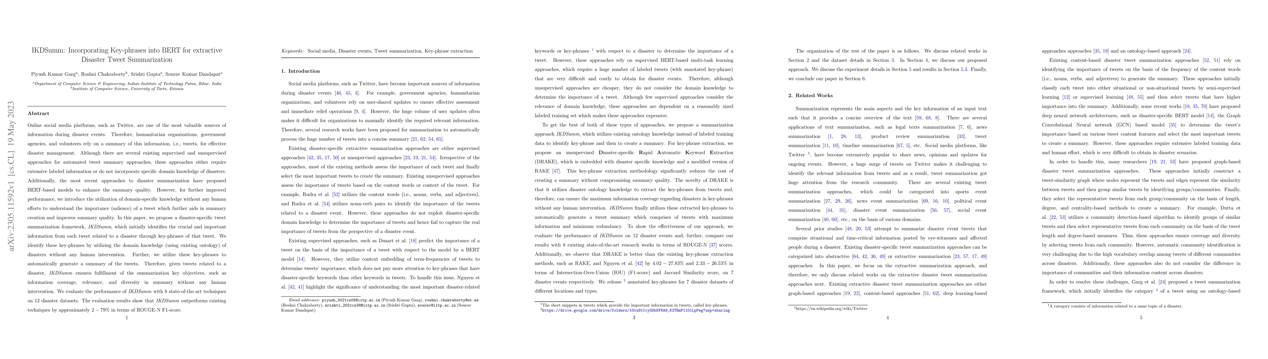 Thumbnail for IKDSumm: Incorporating Key-phrases into BERT for extractive Disaster
  Tweet Summarization