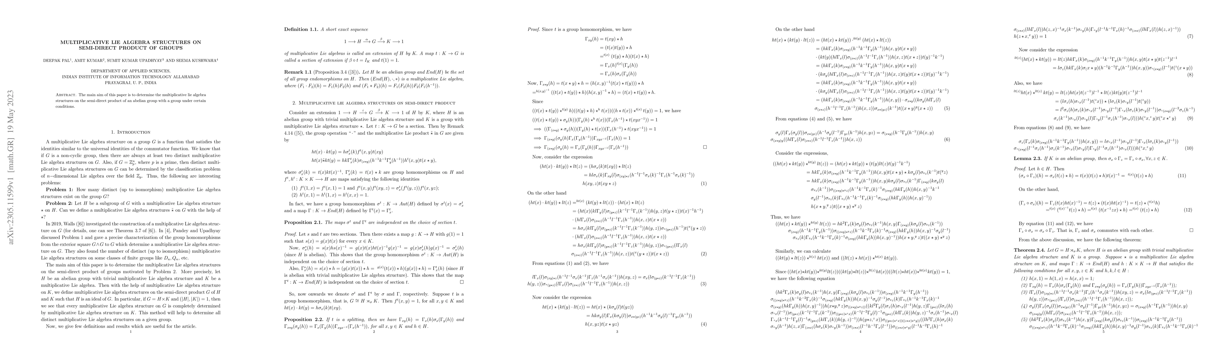 Thumbnail for Multiplicative Lie algebra structures on semi-direct product of groups
