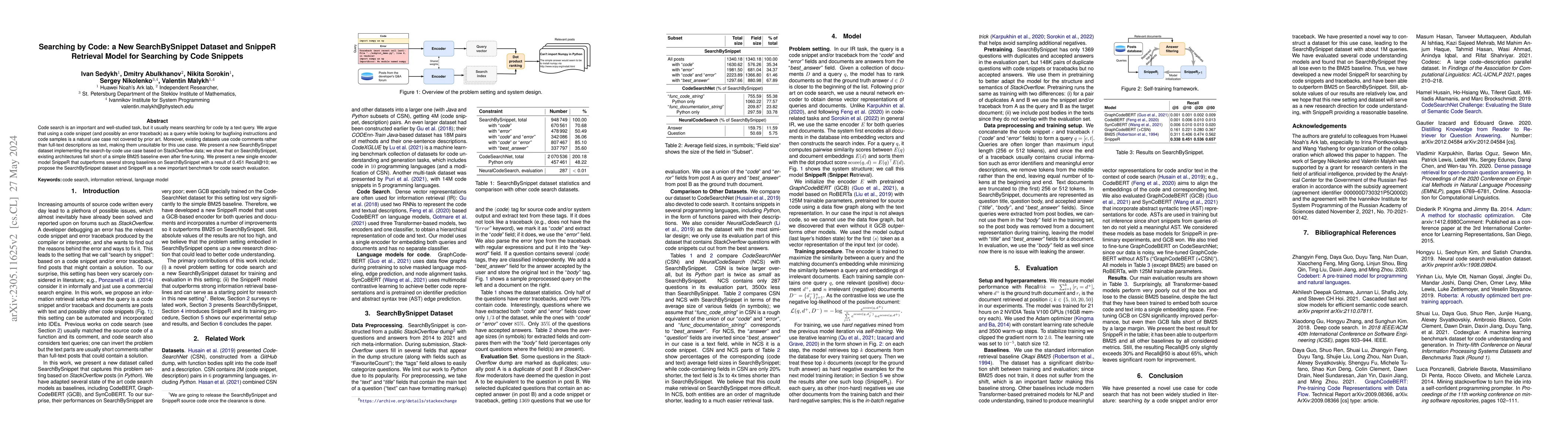 Thumbnail for Searching by Code: a New SearchBySnippet Dataset and SnippeR Retrieval
  Model for Searching by Code Snippets