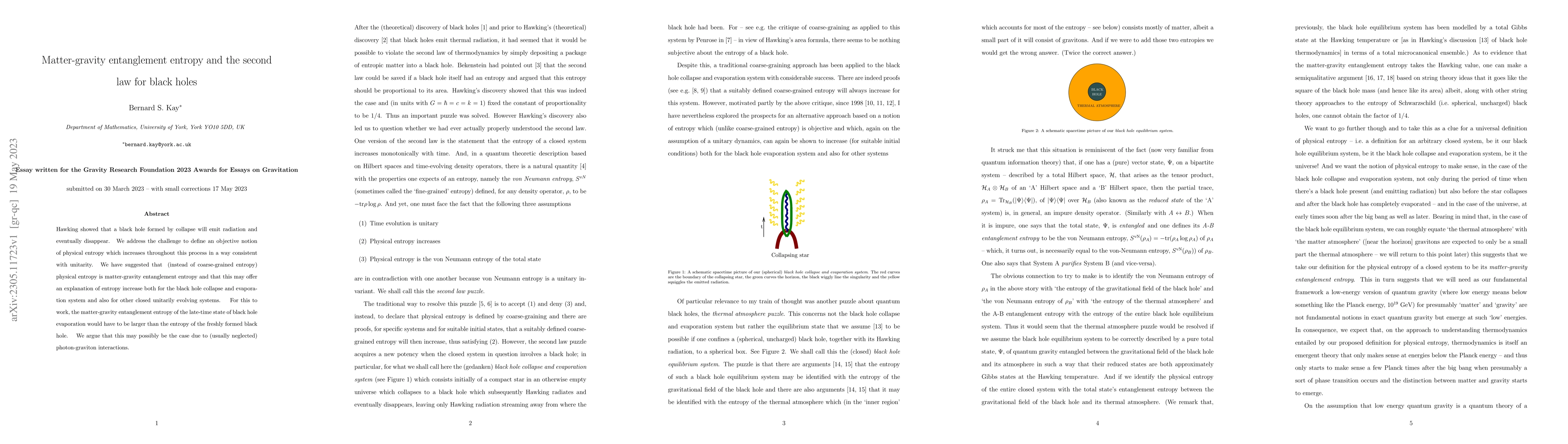 Thumbnail for Matter-gravity entanglement entropy and the second law for black holes