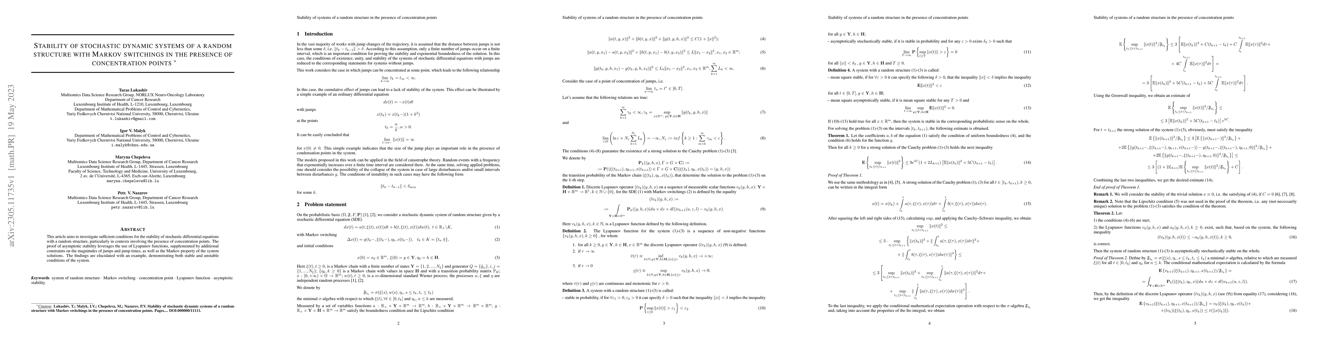 Thumbnail for Stability of stochastic dynamic systems of a random structure with
  Markov switchings in the presence of concentration points