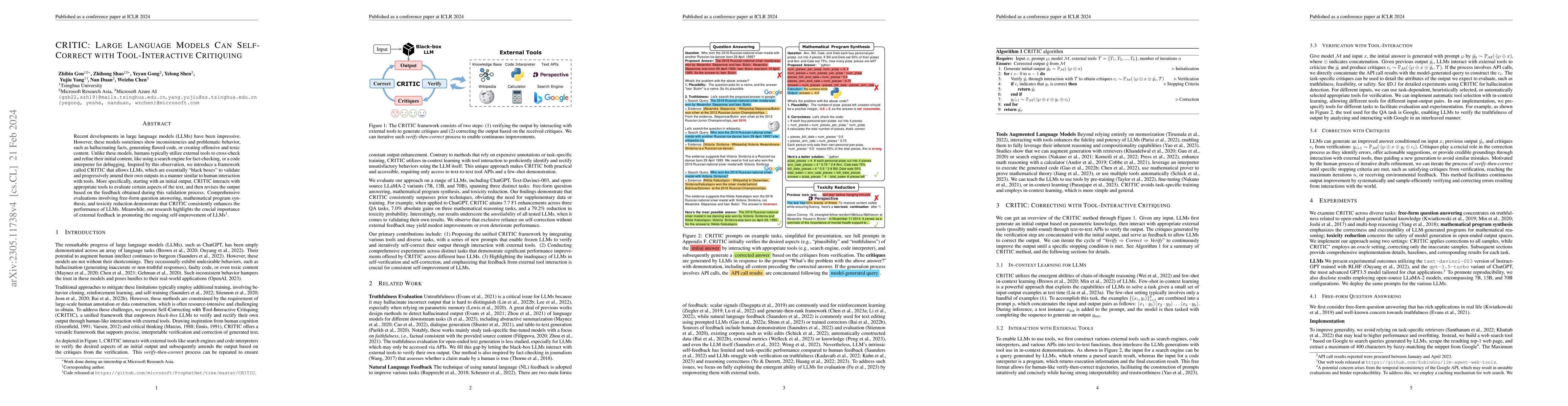 Thumbnail for CRITIC: Large Language Models Can Self-Correct with Tool-Interactive
  Critiquing