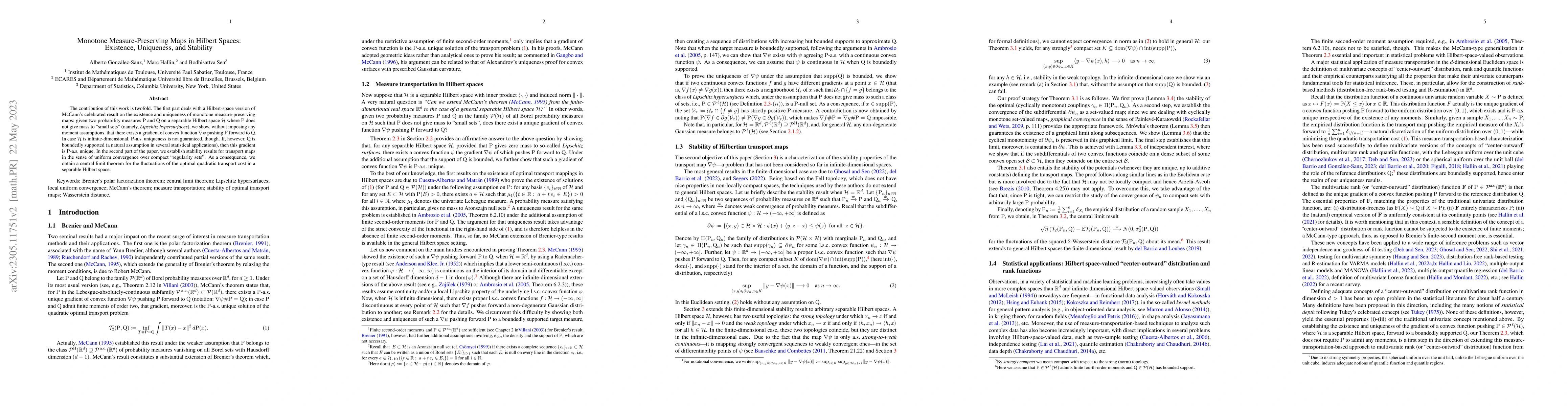 Thumbnail for Monotone Measure-Preserving Maps in Hilbert Spaces: Existence,
  Uniqueness, and Stability
