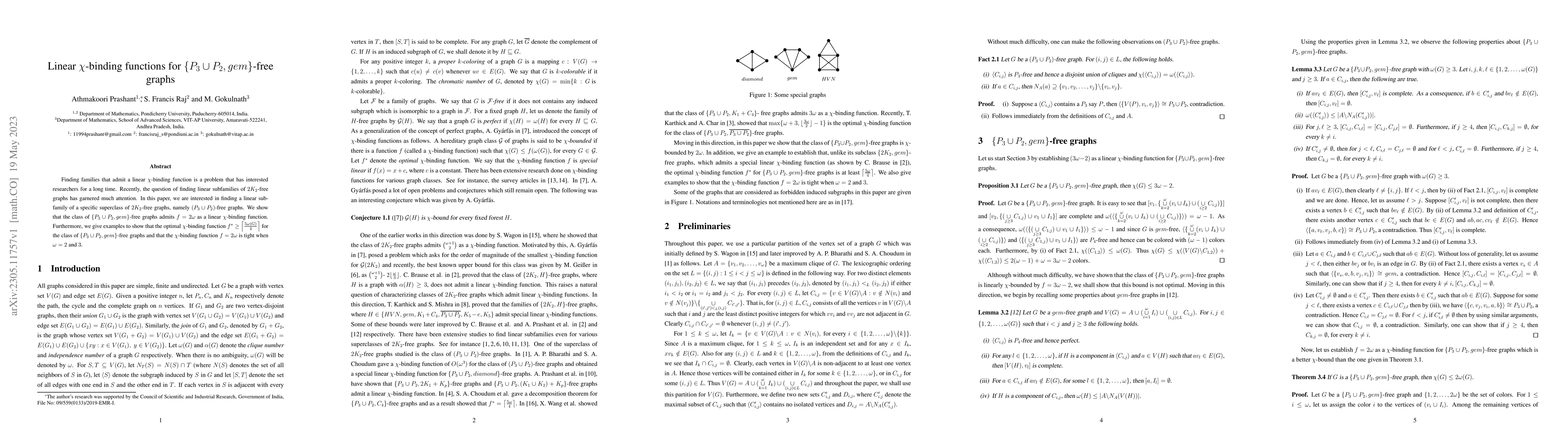 Thumbnail for Linear $\chi$-binding functions for $\{P_3\cup P_2, gem\}$-free graphs