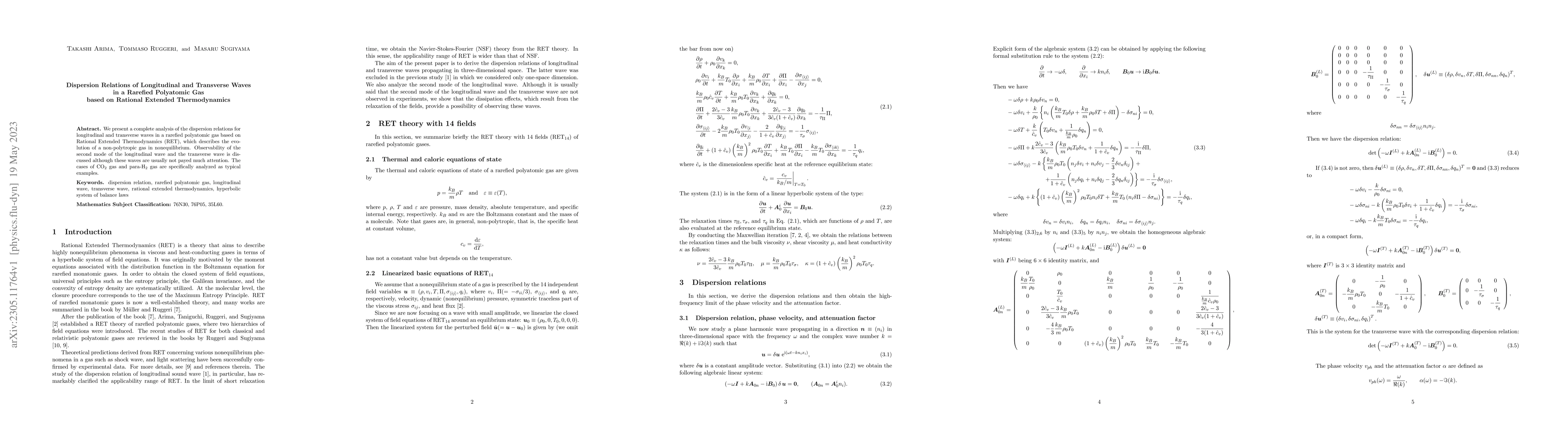 Thumbnail for Dispersion Relations of Longitudinal and Transverse Waves in a Rarefied
  Polyatomic Gas based on Rational Extended Thermodynamics