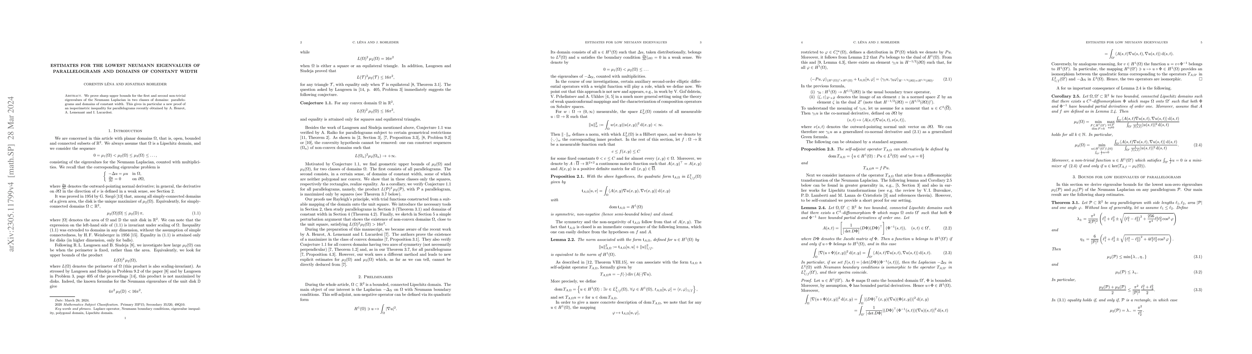 Thumbnail for Estimates for the lowest Neumann eigenvalues of parallelograms and
  domains of constant width