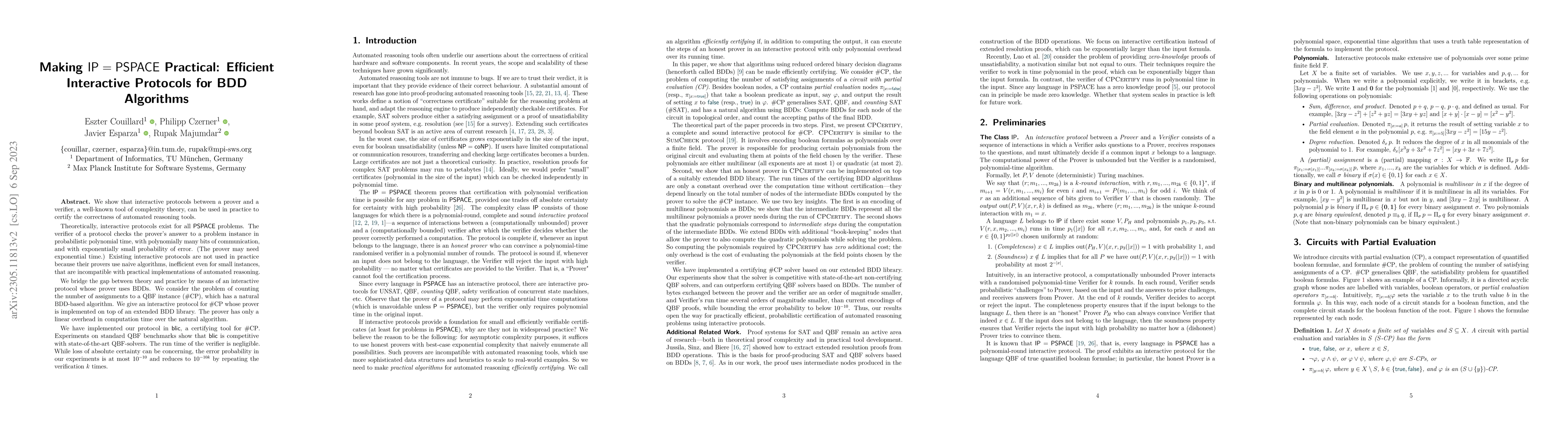 Thumbnail for Making $\textsf{IP}=\textsf{PSPACE}$ Practical: Efficient Interactive
  Protocols for BDD Algorithms