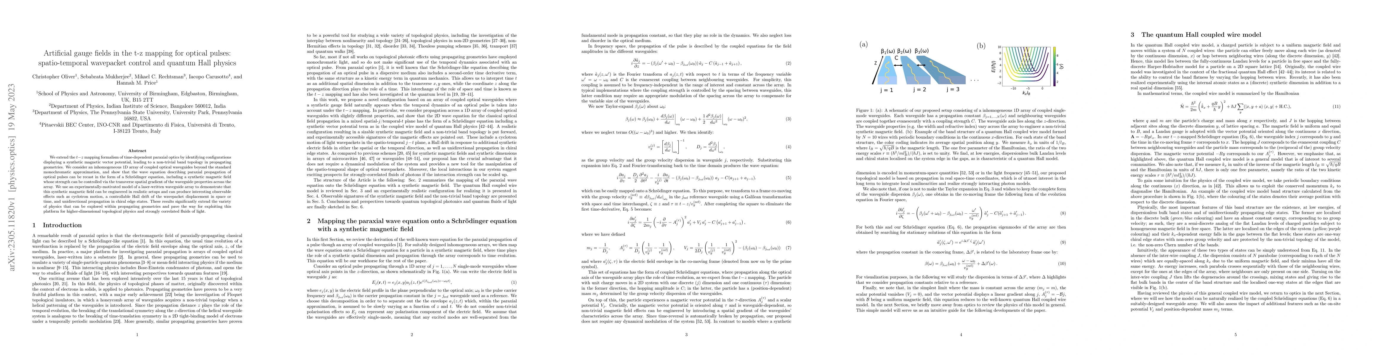 Thumbnail for Artificial gauge fields in the t-z mapping for optical pulses:
  spatio-temporal wavepacket control and quantum Hall physics