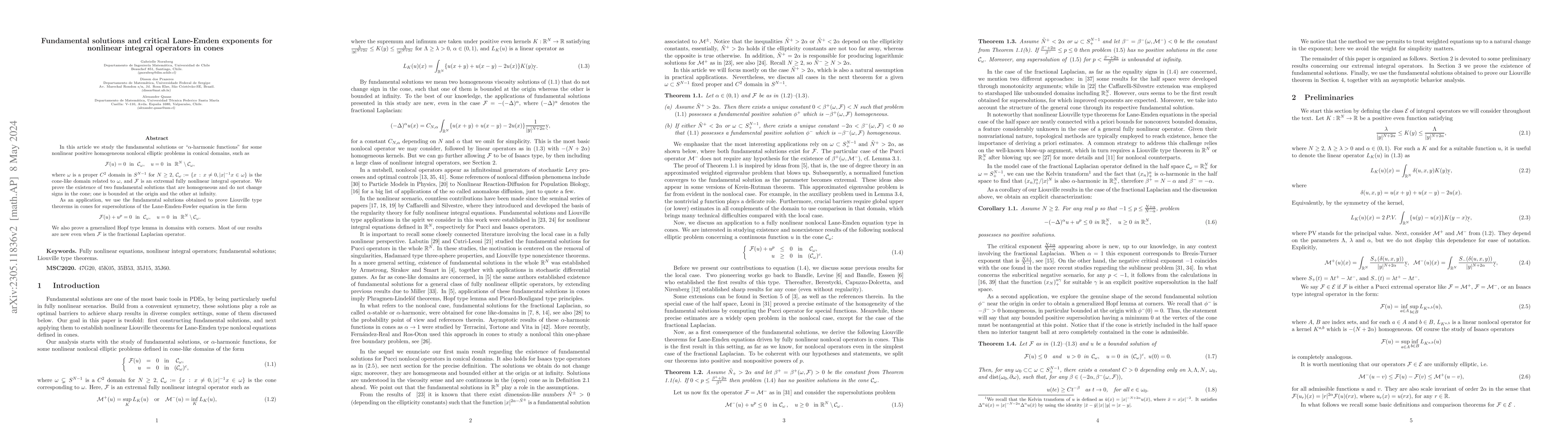 Thumbnail for Fundamental solutions and critical Lane-Emden exponents for nonlinear
  integral operators in cones
