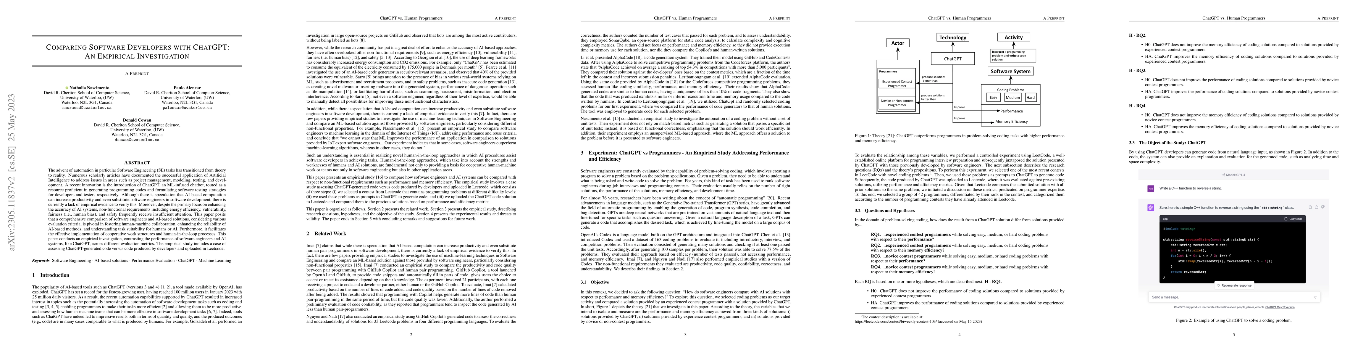 Thumbnail for Comparing Software Developers with ChatGPT: An Empirical Investigation