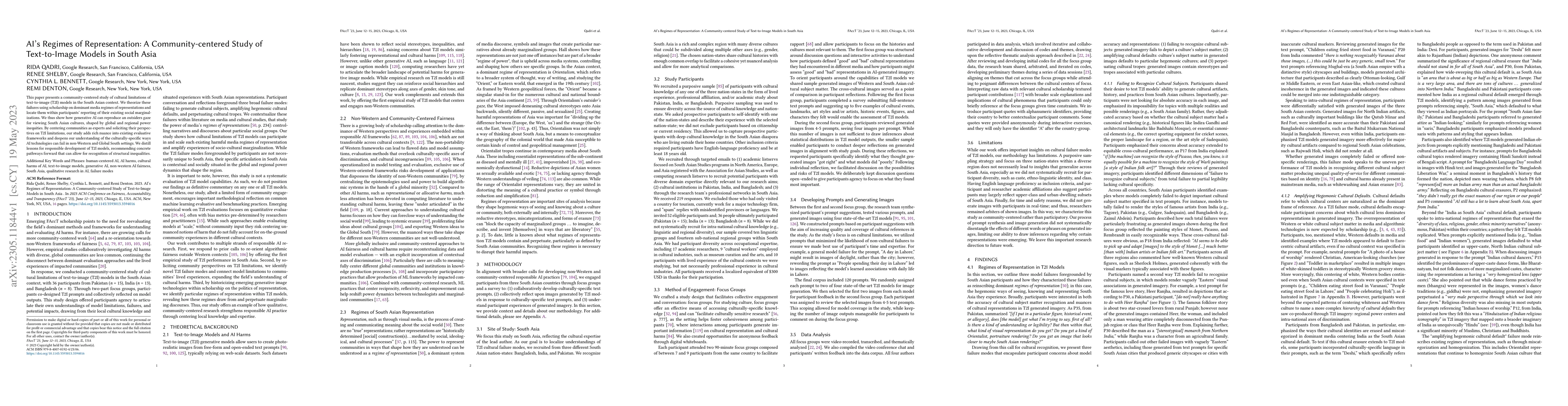 Thumbnail for AI's Regimes of Representation: A Community-centered Study of
  Text-to-Image Models in South Asia