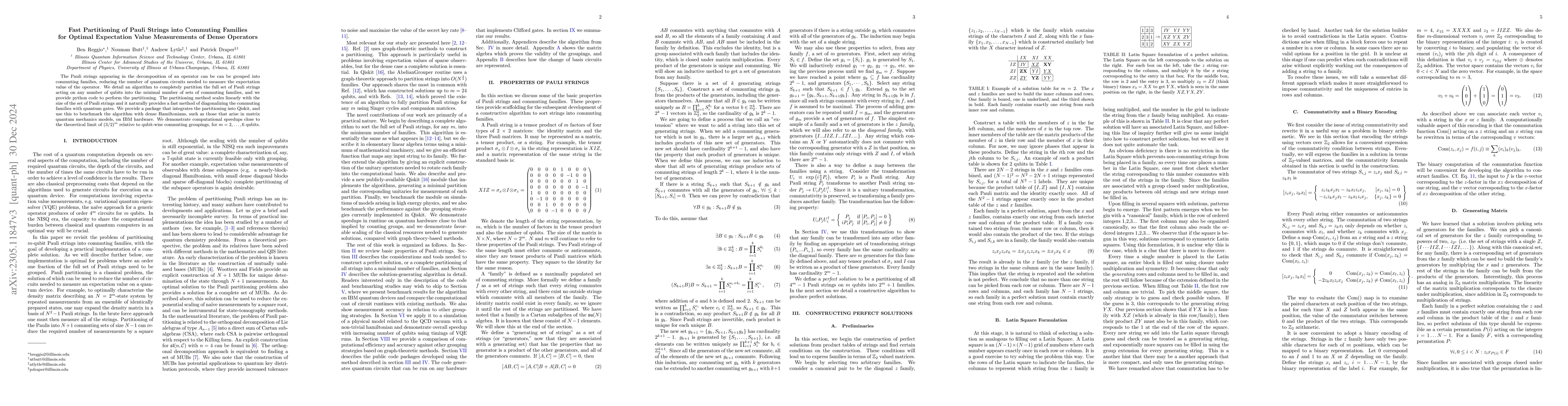 Thumbnail for Fast Partitioning of Pauli Strings into Commuting Families for Optimal
  Expectation Value Measurements of Dense Operators