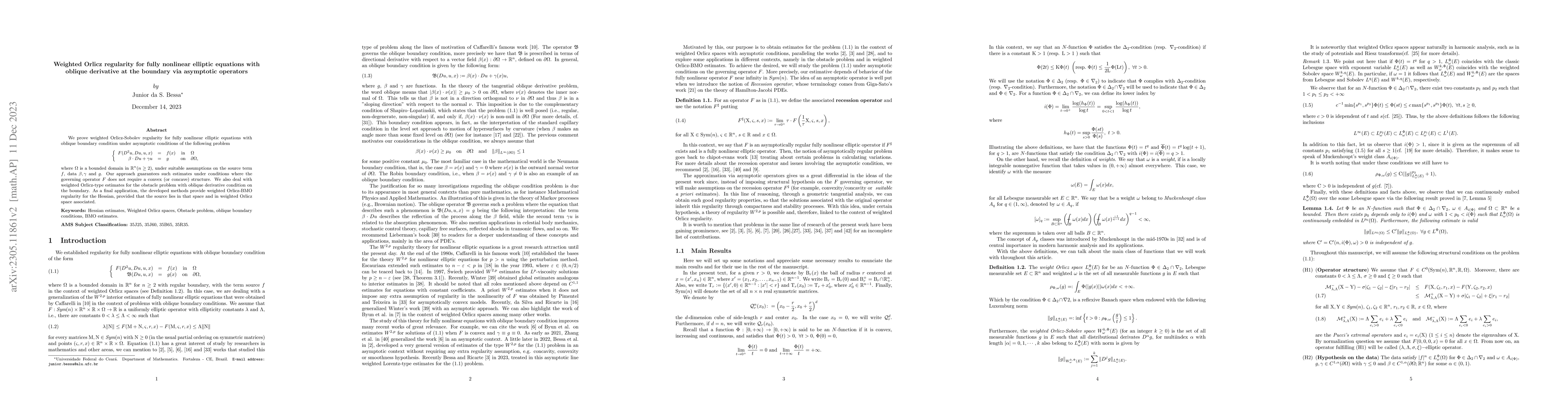 Thumbnail for Weighted Orlicz regularity for fully nonlinear elliptic equations with
  oblique derivative at the boundary via asymptotic operators