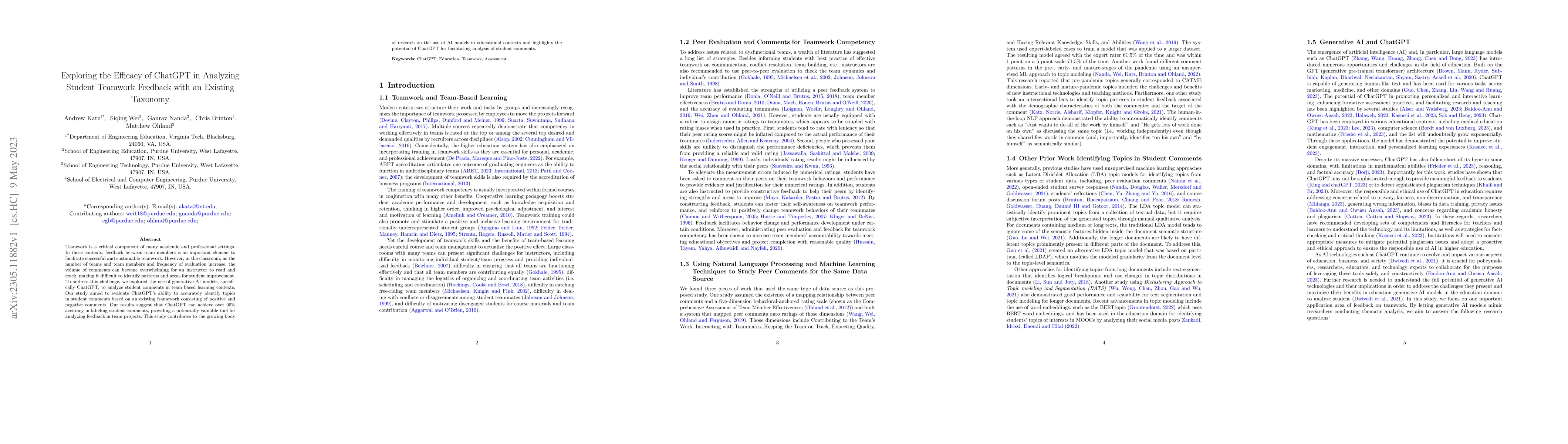 Thumbnail for Exploring the Efficacy of ChatGPT in Analyzing Student Teamwork Feedback
  with an Existing Taxonomy