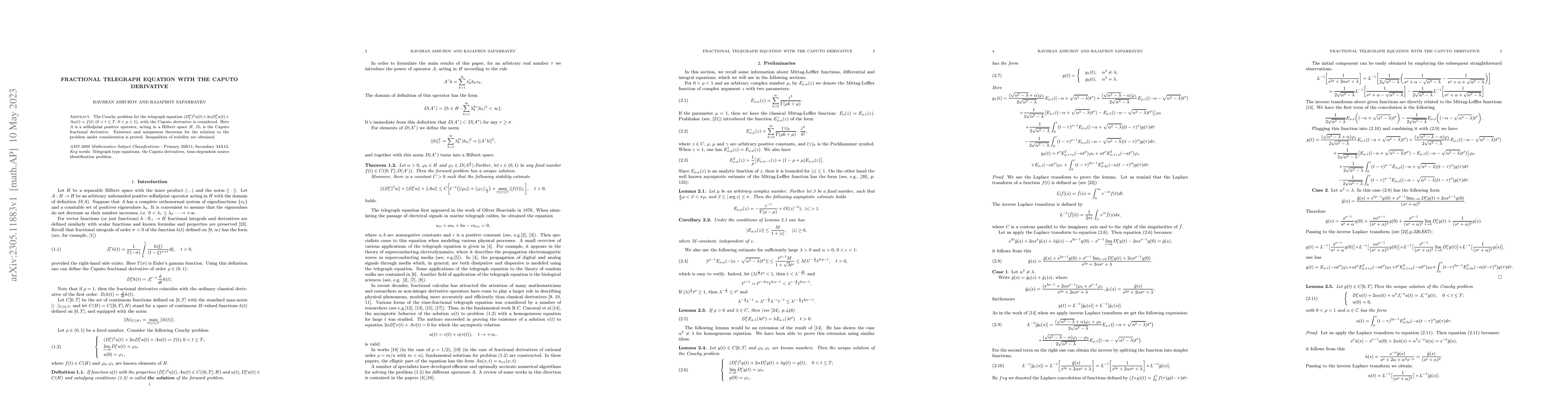Thumbnail for Fractional Telegraph equation with the Caputo derivative