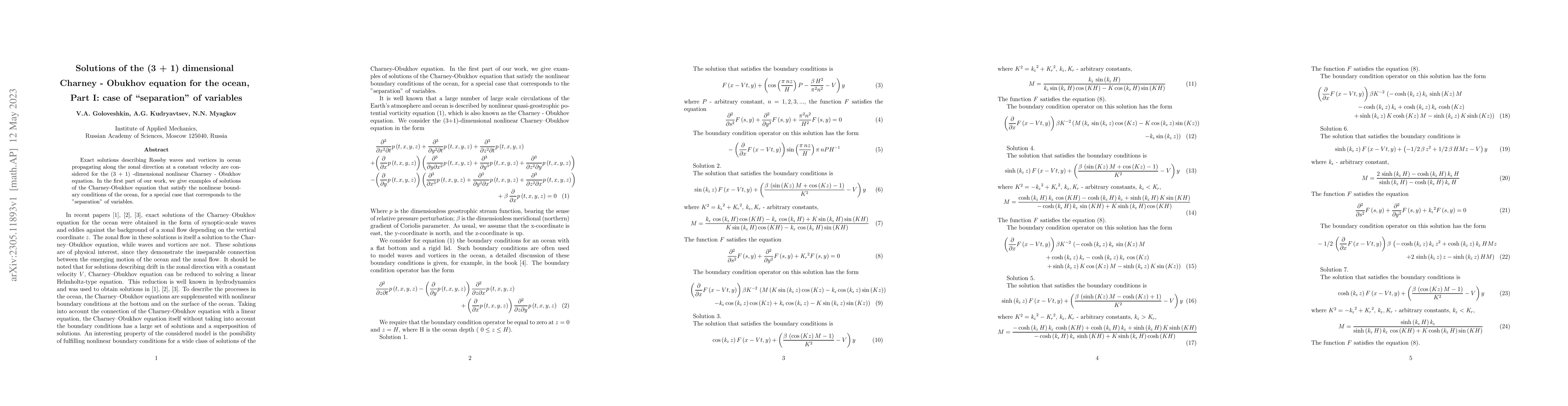 Thumbnail for Solutions of the (3 + 1) dimensional Charney-Obukhov equation for the
  ocean, Part I: case of "separation'' of variables