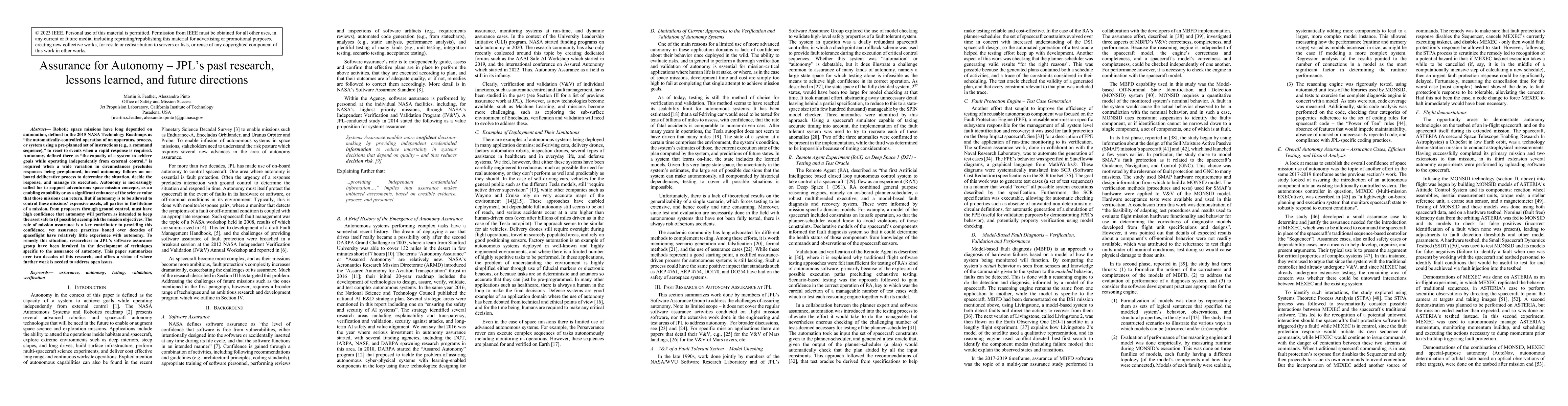 Thumbnail for Assurance for Autonomy -- JPL's past research, lessons learned, and
  future directions