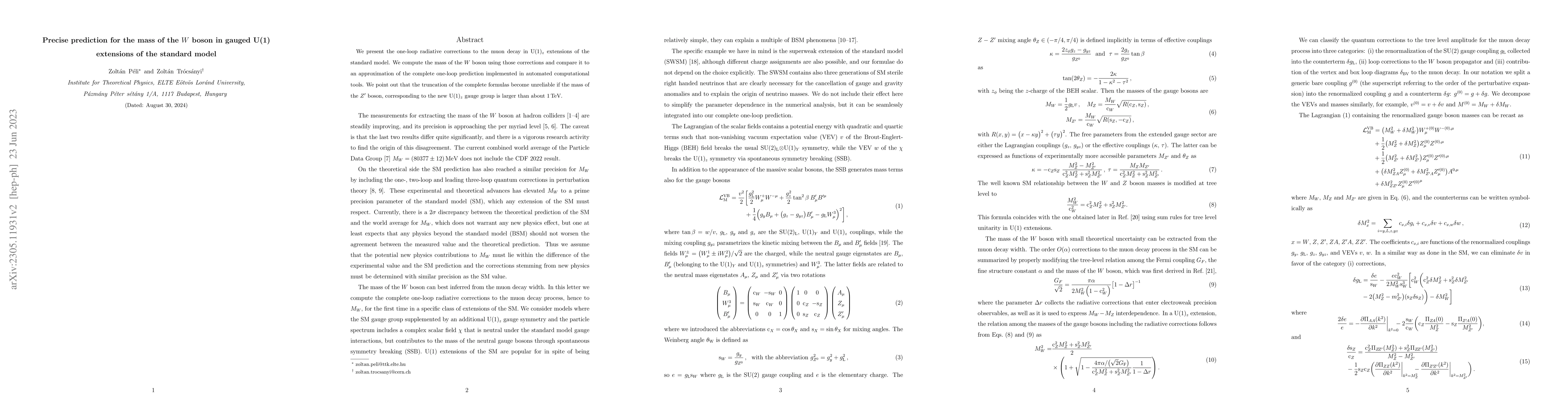 Thumbnail for Precise prediction for the mass of the $W$ boson in gauged U(1)
  extensions of the standard model