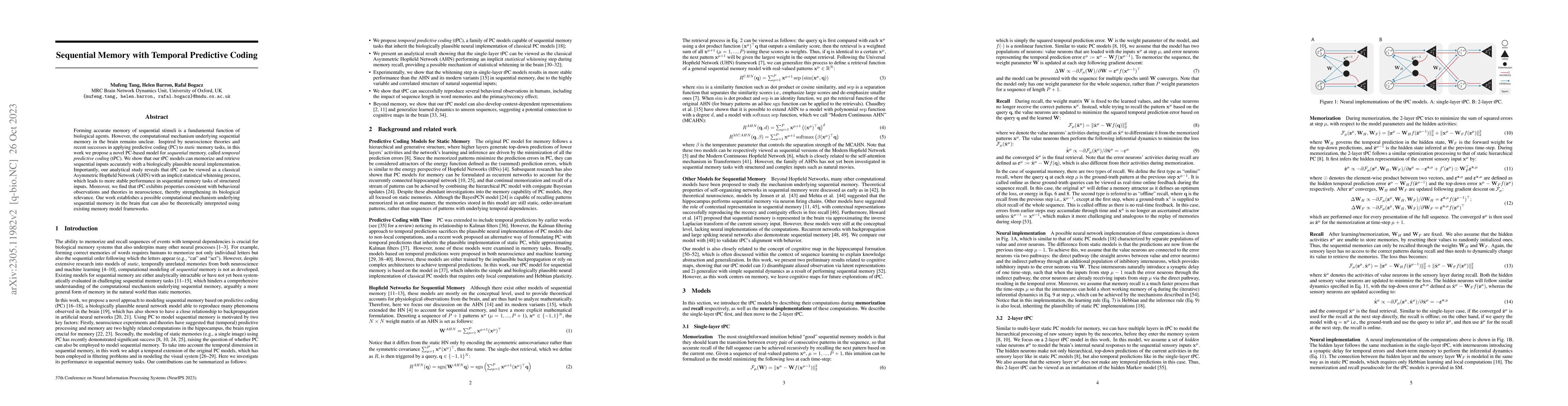 Thumbnail for Sequential Memory with Temporal Predictive Coding