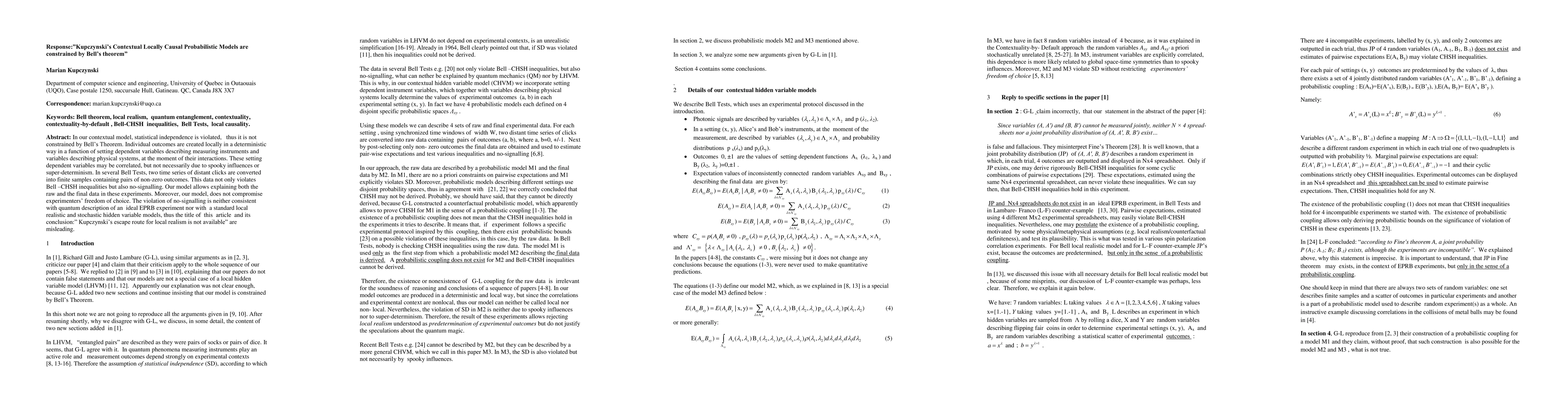Thumbnail for Response: Kupczynski Contextual Locally Causal Probabilistic Models are
  constrained by Bell theorem