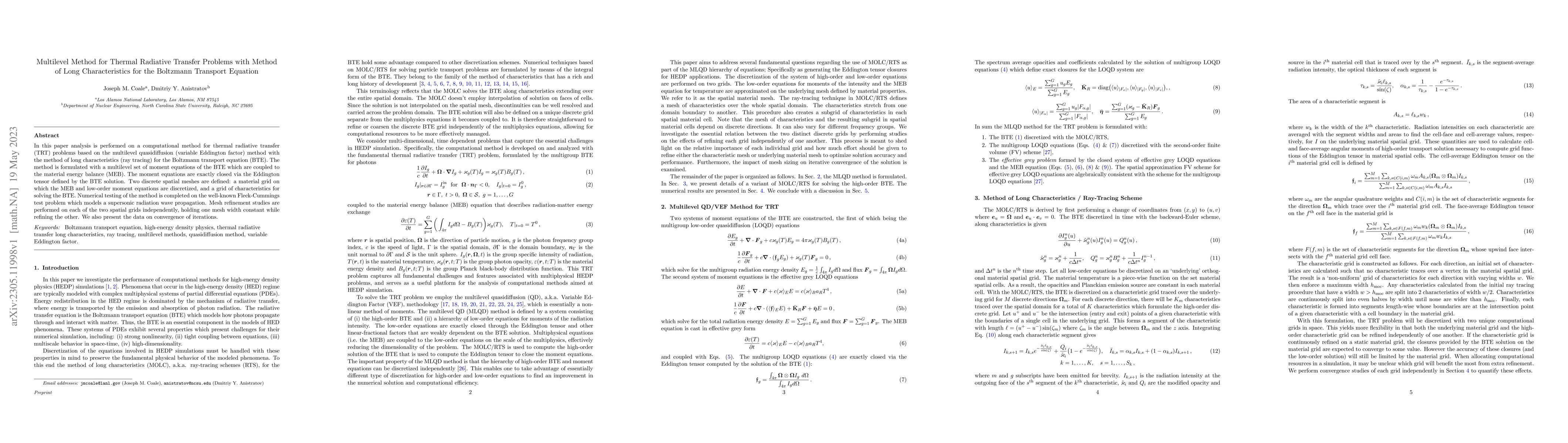 Thumbnail for Multilevel Method for Thermal Radiative Transfer Problems with Method of
  Long Characteristics for the Boltzmann Transport Equation