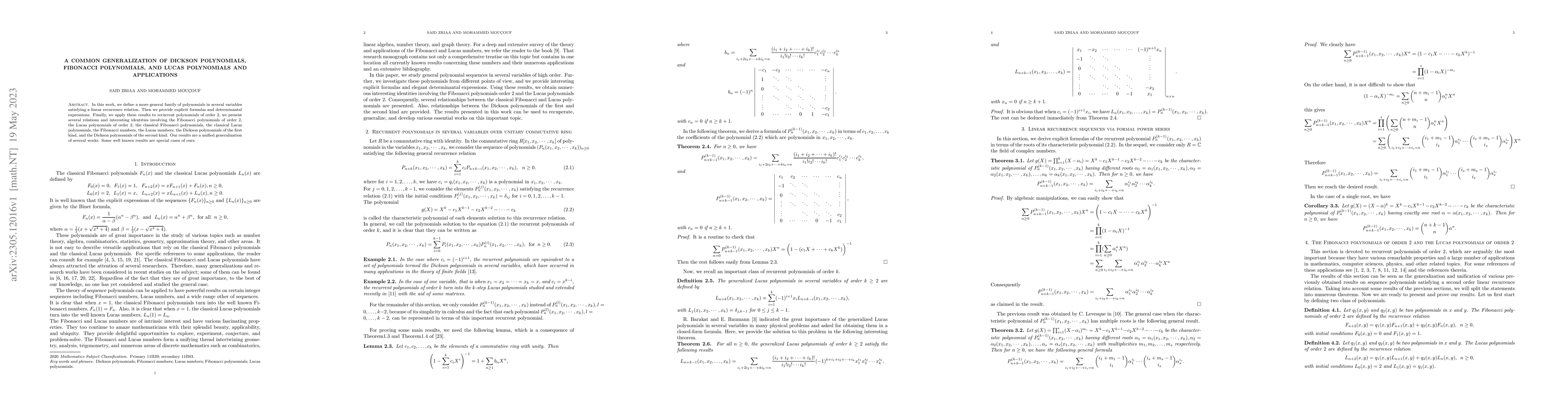 Thumbnail for A common generalization of Dickson polynomials, Fibonacci polynomials,
  and Lucas polynomials and applications