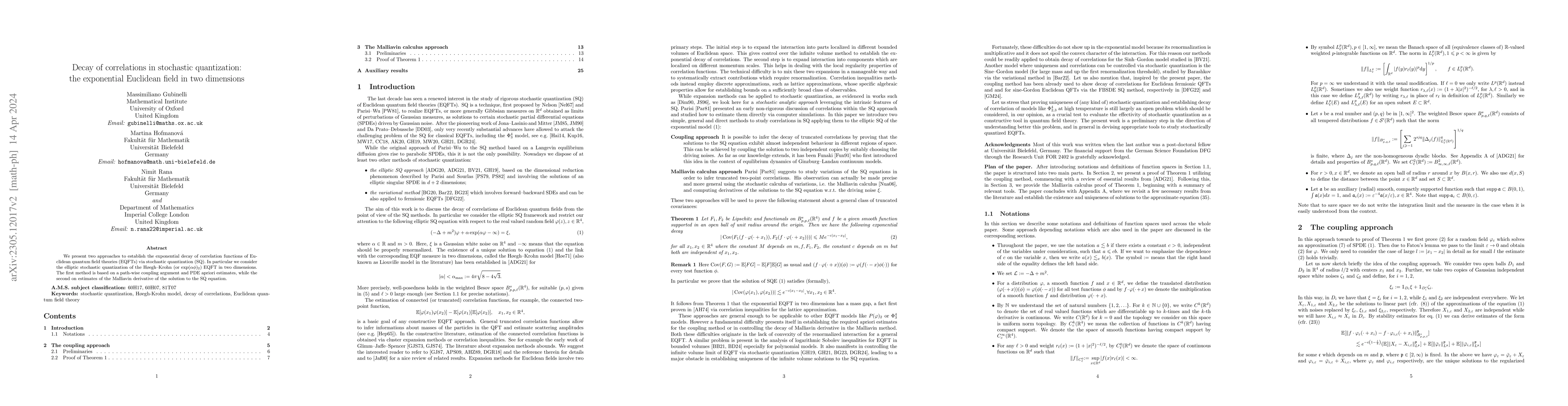 Thumbnail for Decay of correlations in stochastic quantization: the exponential
  Euclidean field in two dimensions