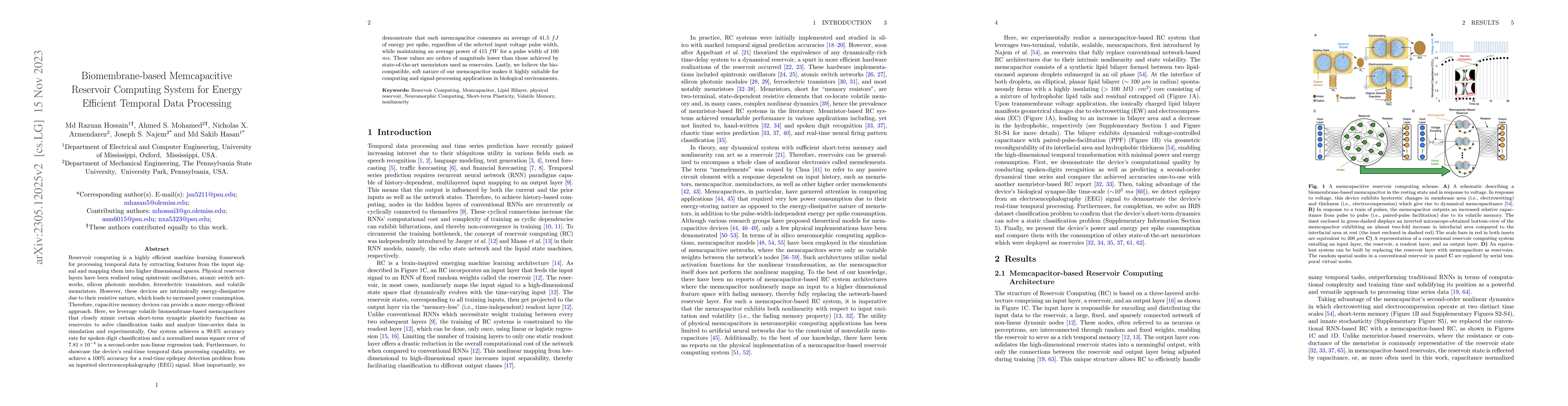 Thumbnail for Biomembrane-based Memcapacitive Reservoir Computing System for Energy
  Efficient Temporal Data Processing