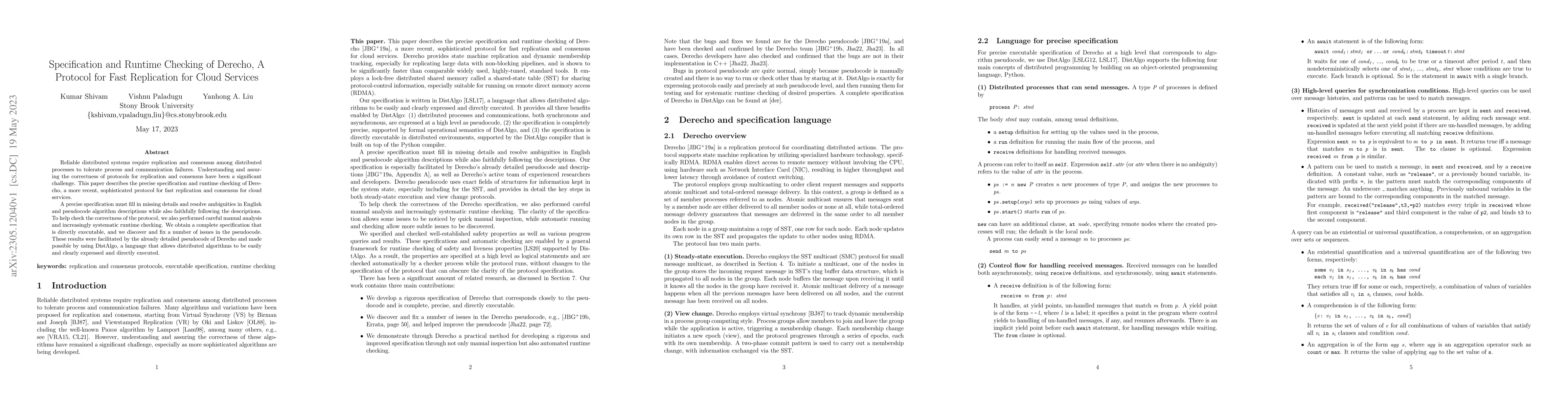 Thumbnail for Specification and Runtime Checking of Derecho, A Protocol for Fast
  Replication for Cloud Services