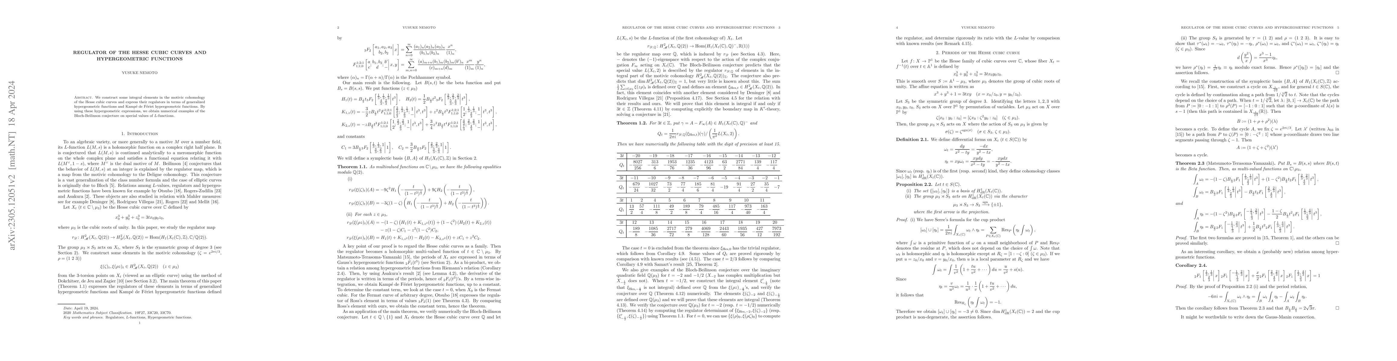 Thumbnail for Regulator of the Hesse cubic curves and hypergeometric functions