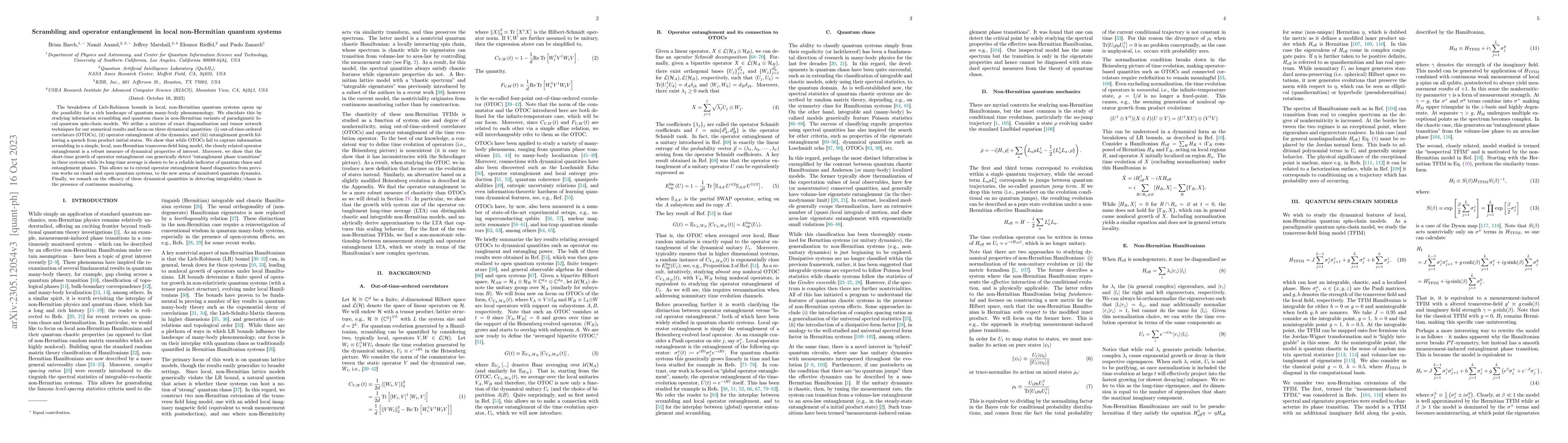 Thumbnail for Scrambling and operator entanglement in local non-Hermitian quantum
  systems