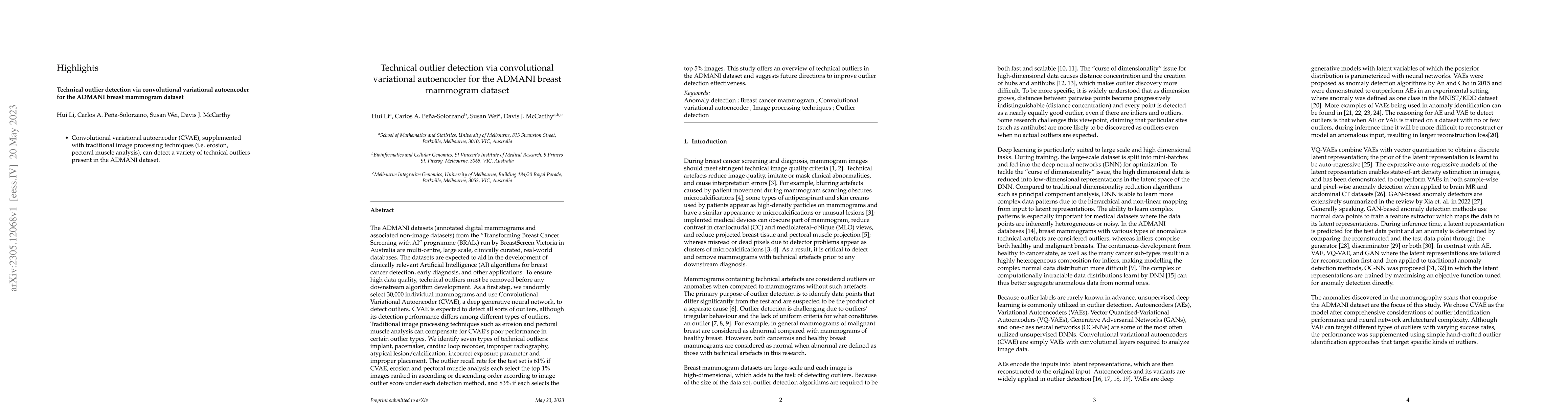 Thumbnail for Technical outlier detection via convolutional variational autoencoder
  for the ADMANI breast mammogram dataset