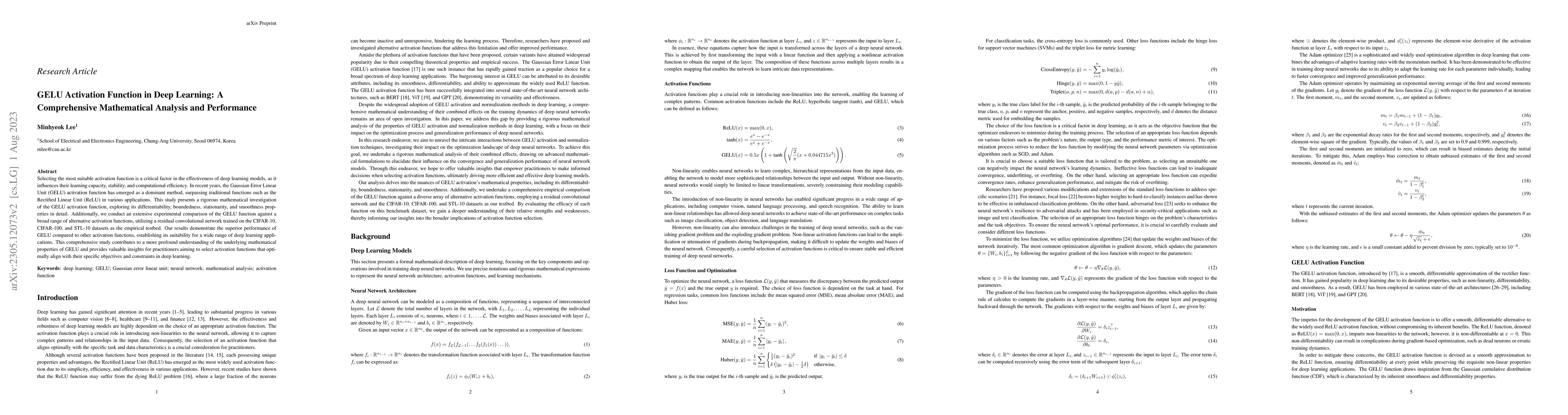 Thumbnail for GELU Activation Function in Deep Learning: A Comprehensive Mathematical
  Analysis and Performance