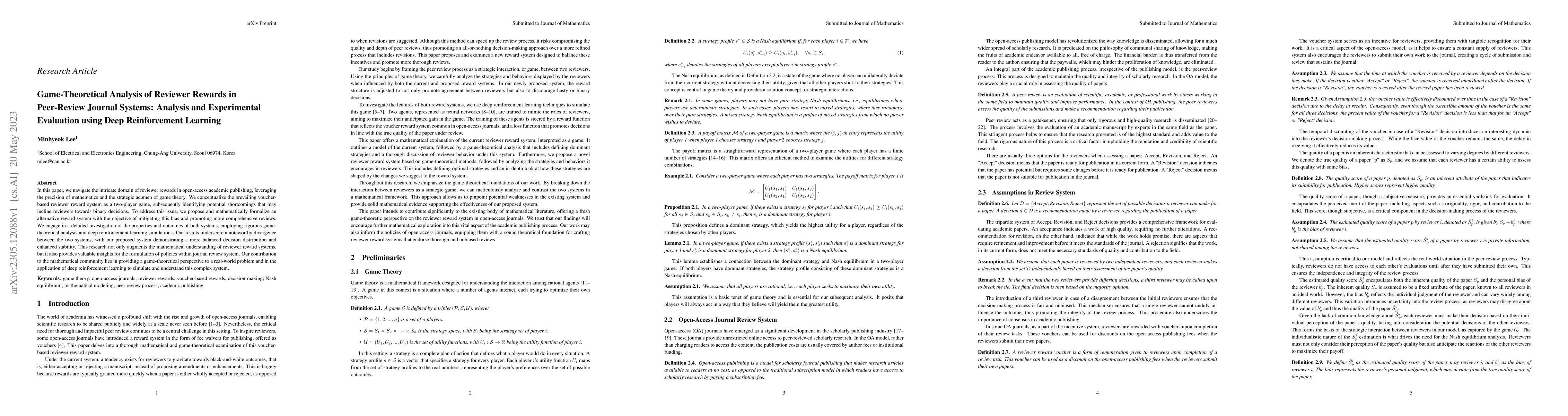Thumbnail for Game-Theoretical Analysis of Reviewer Rewards in Peer-Review Journal
  Systems: Analysis and Experimental Evaluation using Deep Reinforcement
  Learning