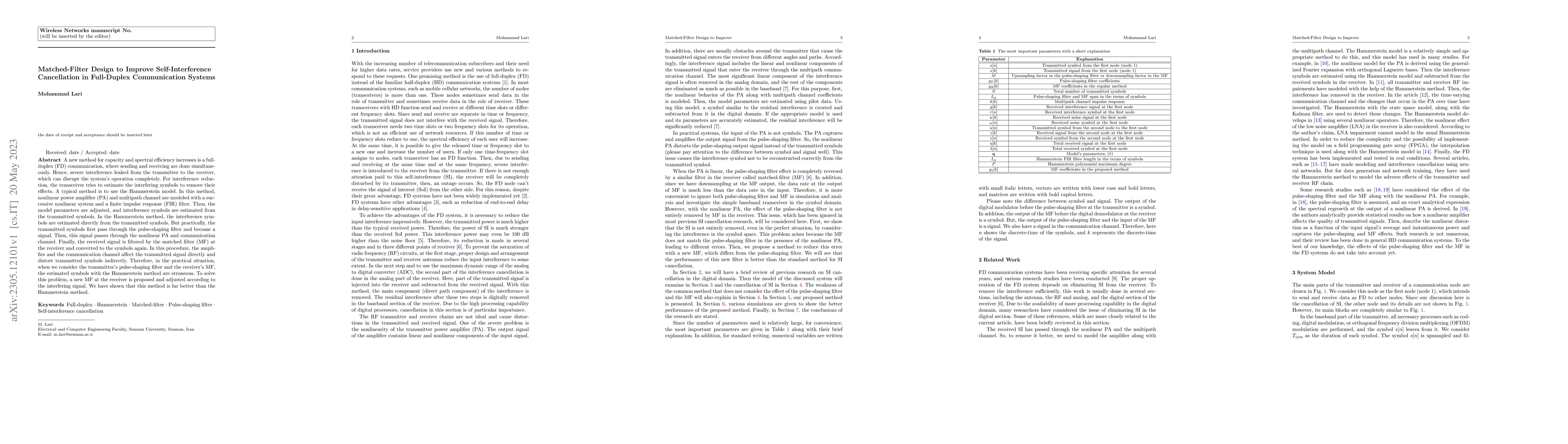 Thumbnail for Matched-Filter Design to Improve Self-Interference Cancellation in
  Full-Duplex Communication Systems
