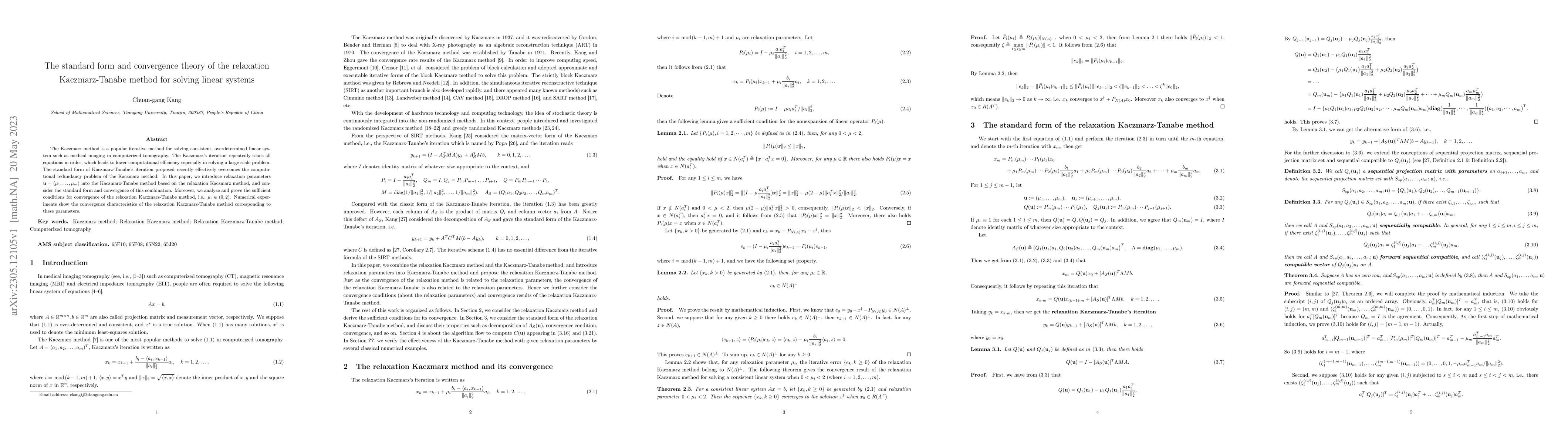 Thumbnail for The standard form and convergence theory of the relaxation
  Kaczmarz-Tanabe method for solving linear systems