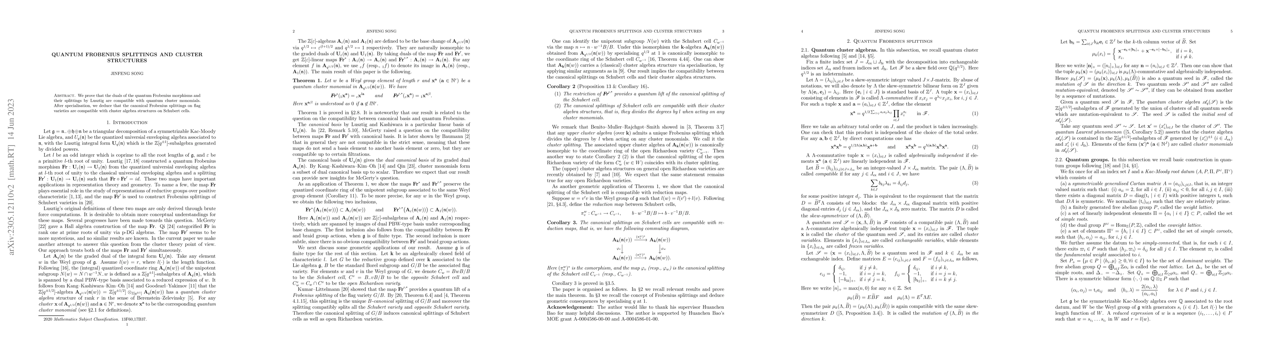 Thumbnail for Quantum Frobenius splittings and cluster structures