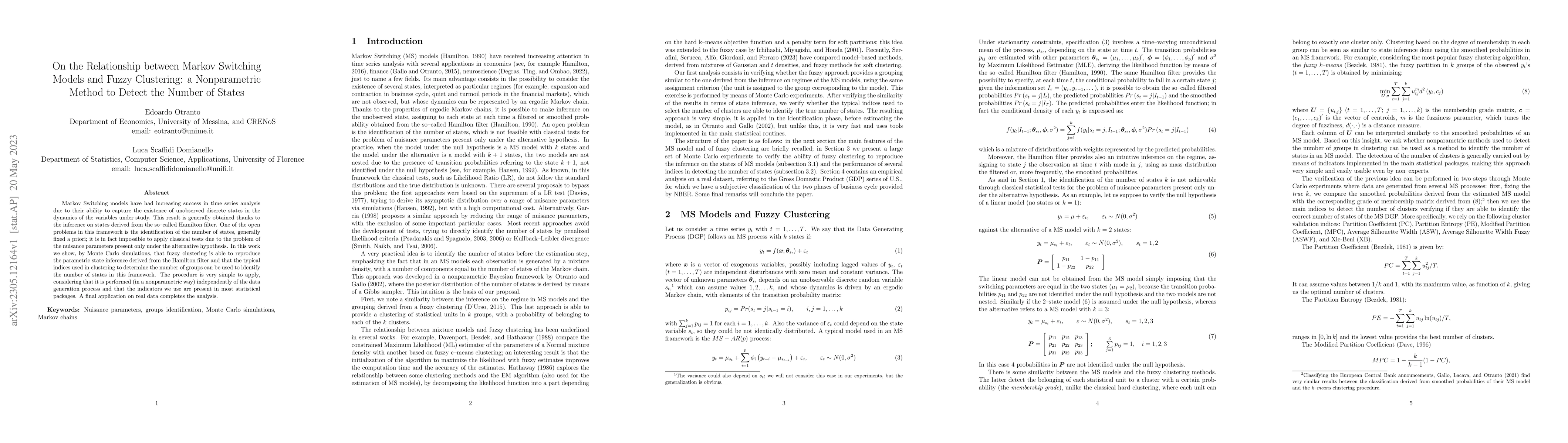 Thumbnail for On the Relationship between Markov Switching Models and Fuzzy
  Clustering: a Nonparametric Method to Detect the Number of States