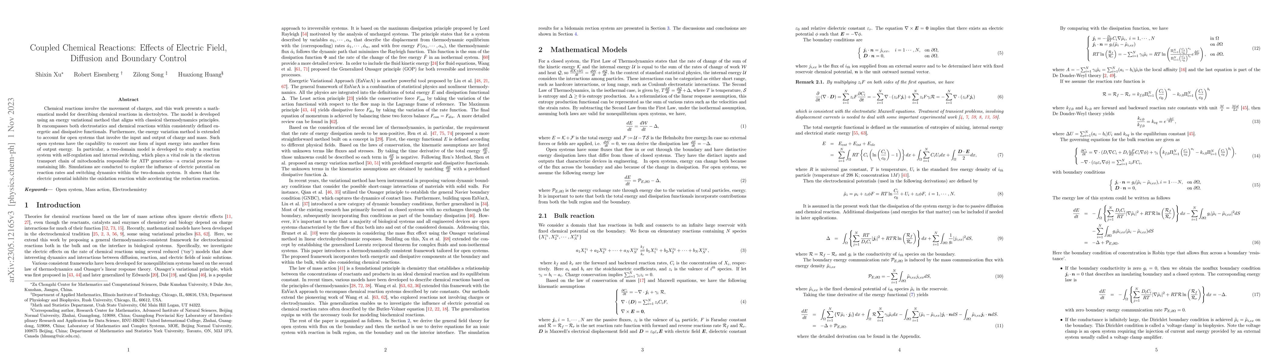 Thumbnail for Coupled Chemical Reactions: Effects of Electric Field, Diffusion and
  Boundary Control