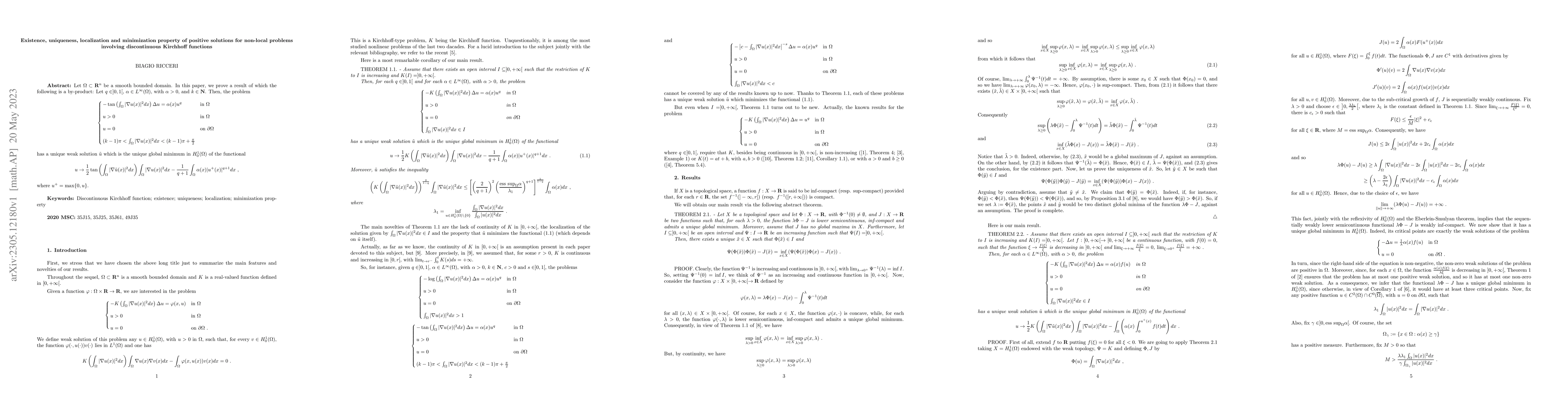 Thumbnail for Existence, uniqueness, localization and minimization property of
  positive solutions for non-local problems involving discontinuous Kirchhoff
  functions