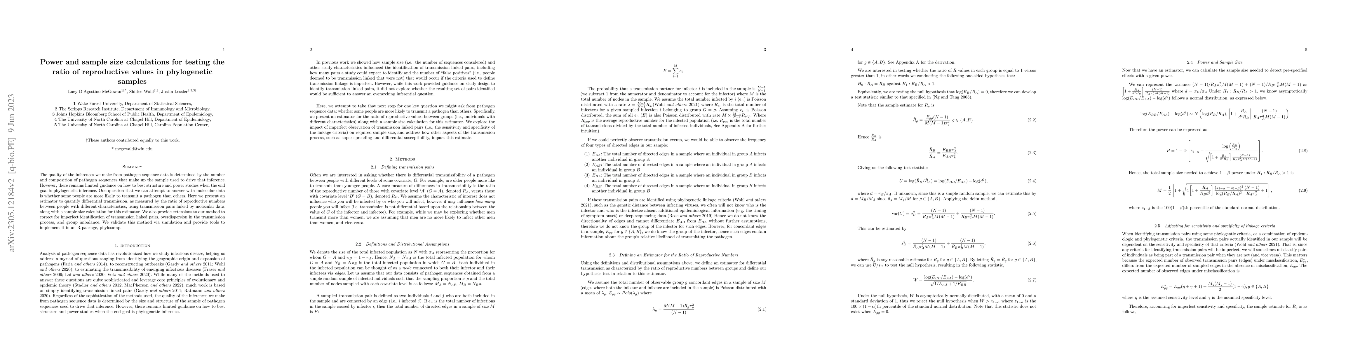 Thumbnail for Power and sample size calculations for testing the ratio of reproductive
  values in phylogenetic samples