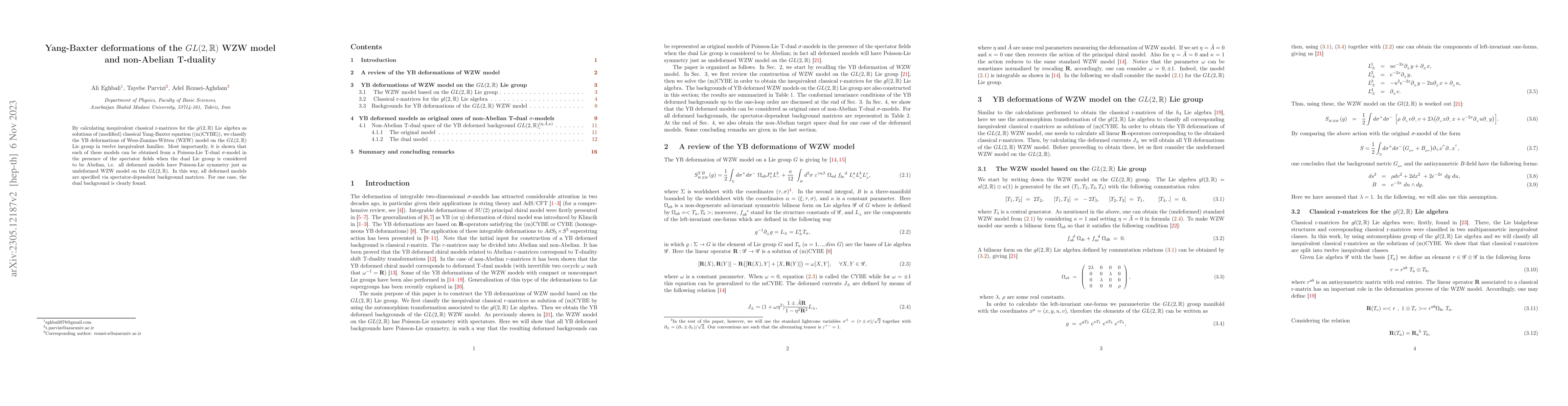 Thumbnail for Yang-Baxter deformations of the $GL(2,\mathbb{R})$ WZW model and
  non-Abelian T-duality