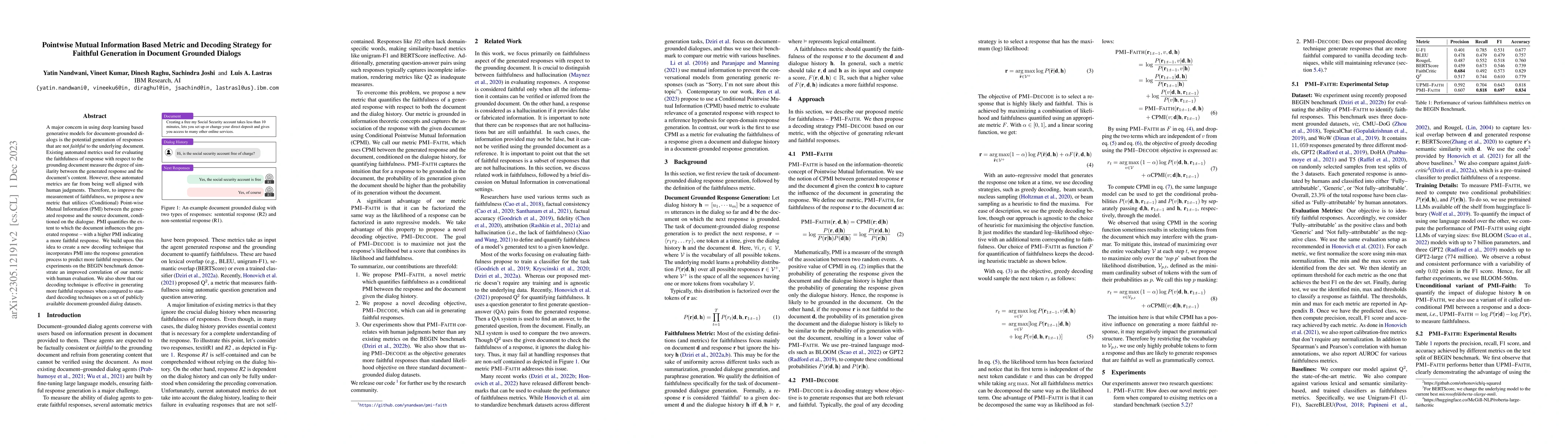 Thumbnail for Pointwise Mutual Information Based Metric and Decoding Strategy for
  Faithful Generation in Document Grounded Dialogs